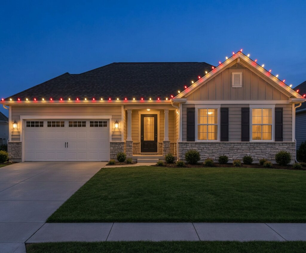 Candy Cane C9 roofline lights on a suburban house