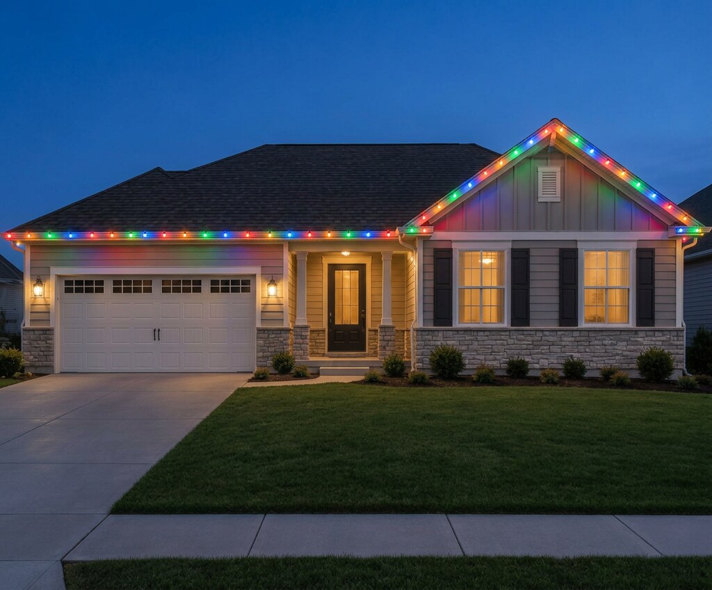 Multicolor C9 roofline lights on a suburban house