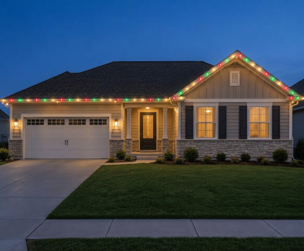 Traditional Christmas C9 roofline lights on a suburban house