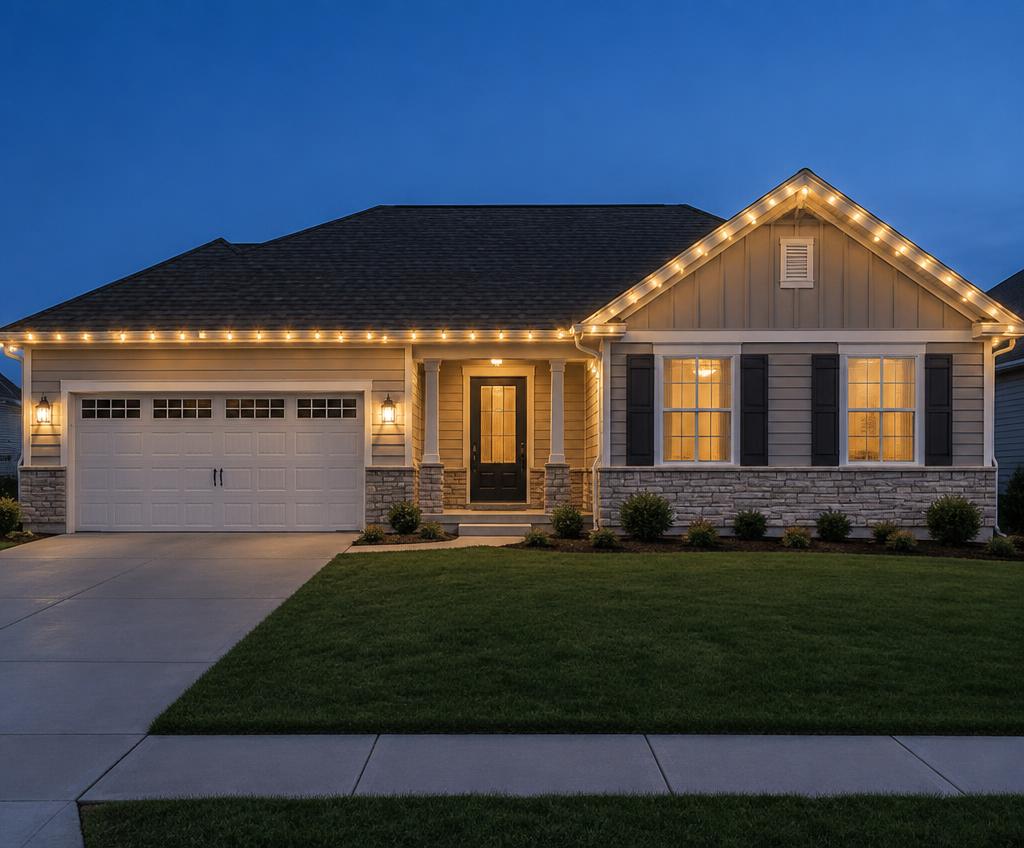 Warm White C9 roofline lights on a suburban house